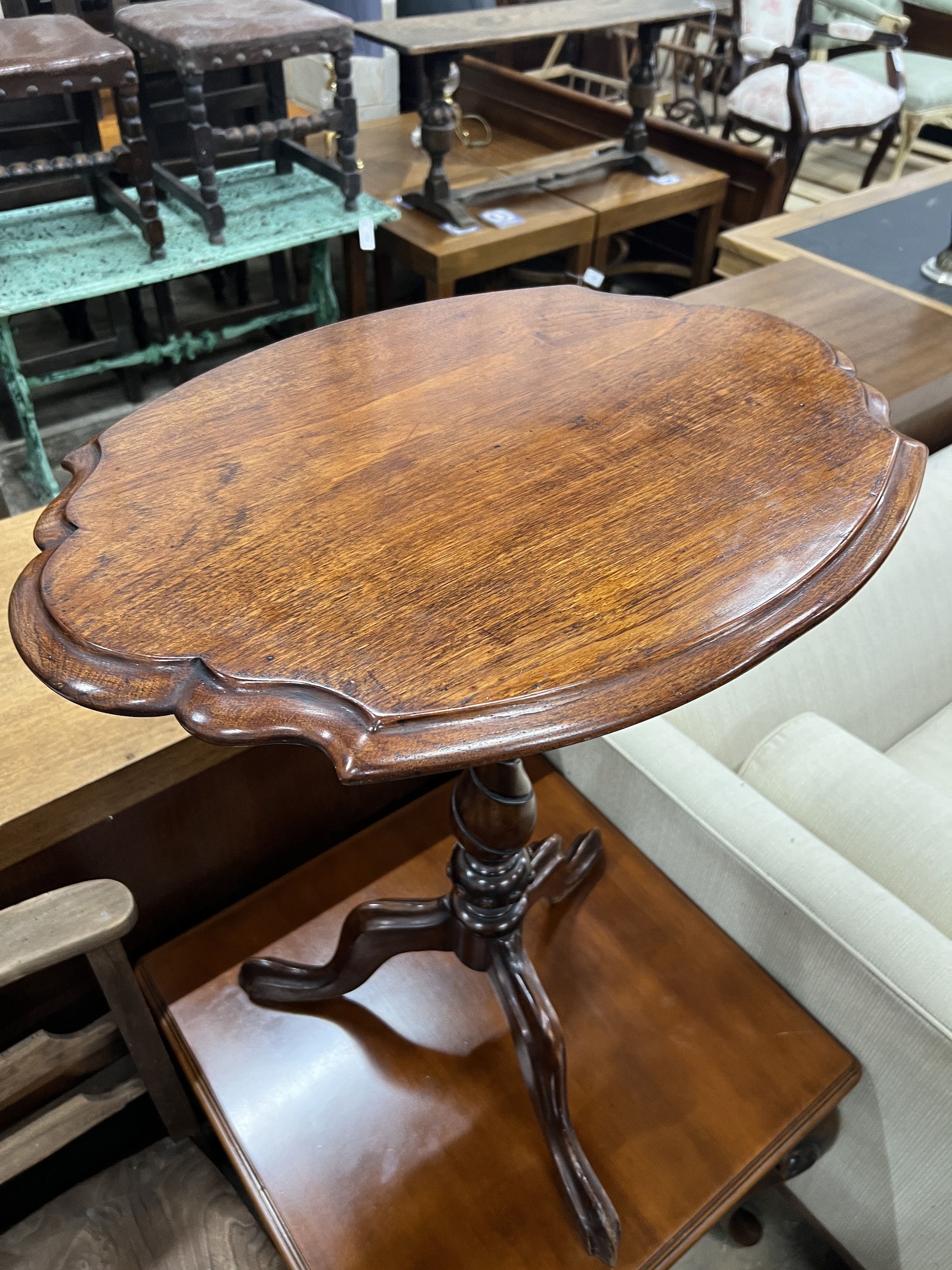 A Victorian walnut oval tripod wine table, width 61cm, depth 45cm, height 73cm and a reproduction square occasional table